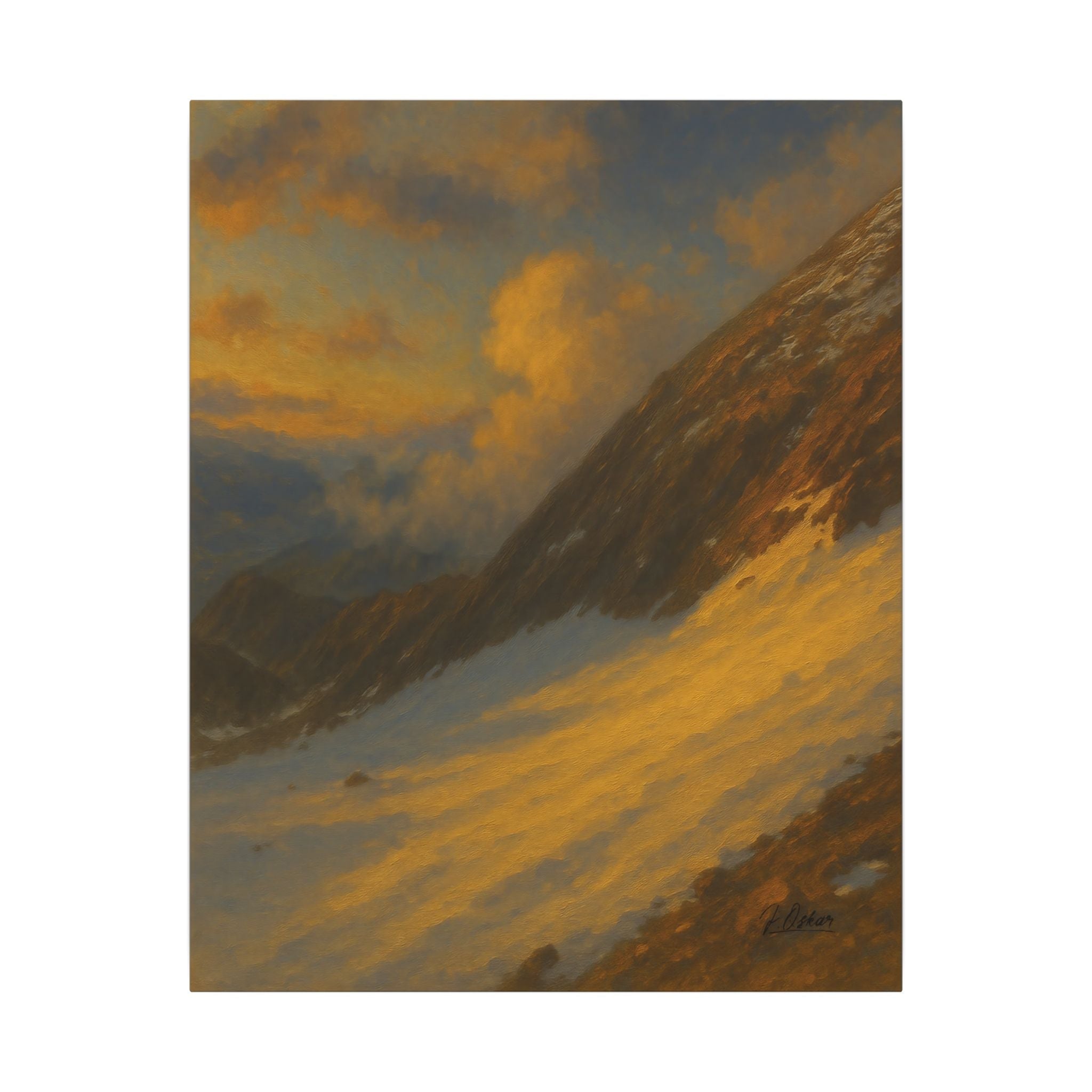 An oil painting style landscape of a majestic mountain slope bathed in golden sunset light, evoking heroic grandeur and orchestral brilliance.