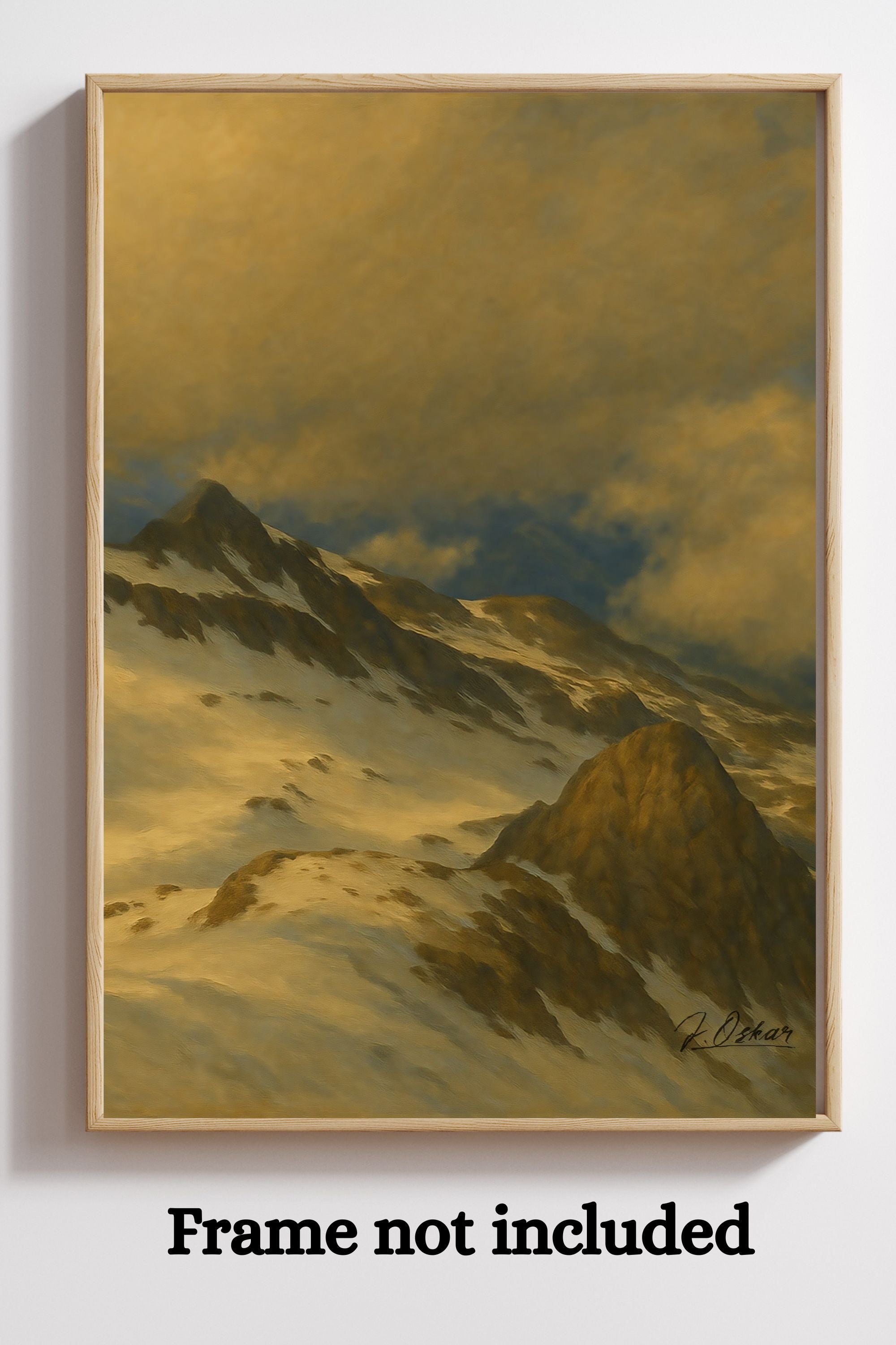 Framed Golden Silence Canvas Art by J. Oskar, featuring snow-covered peaks at sunset in a romantic oil-painting style, hangs above a light shelf with vases and dried grass, bringing premium elegance to the space.