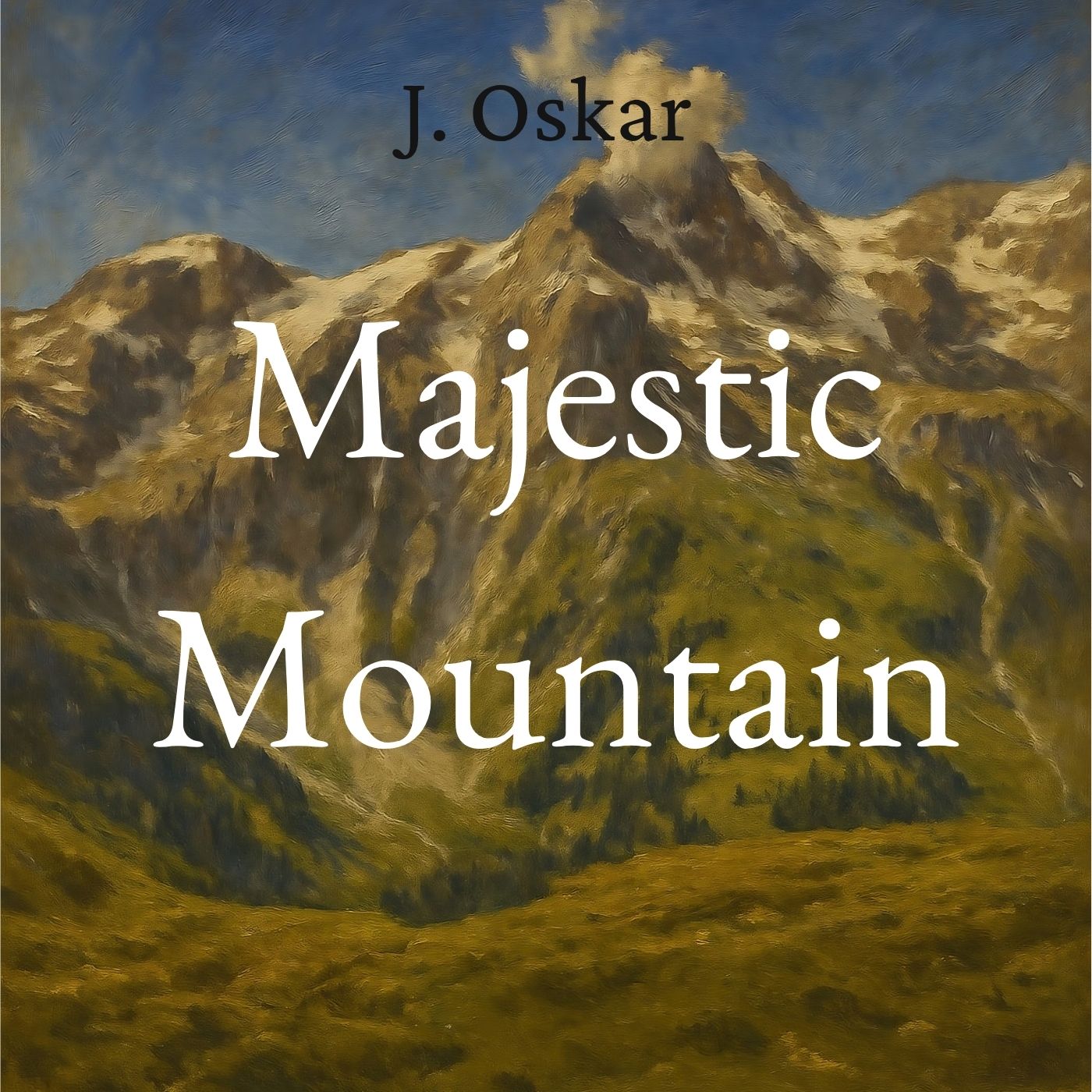 Album cover art for 'Majestic Mountain' by J. Oskar, featuring a painterly landscape of a sunlit mountain peak.