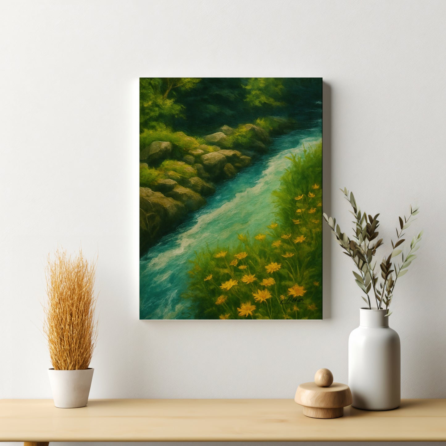Majestic Mountain 49 - Riverbank with Golden Blooms Canvas Art