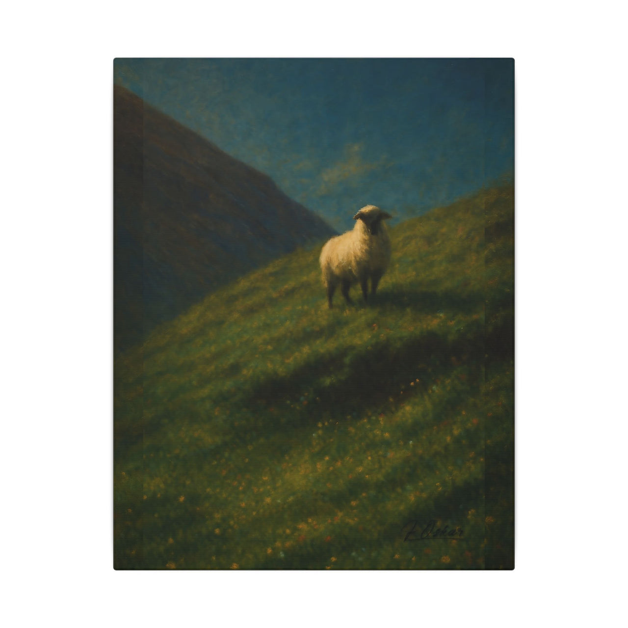 Majestic Mountain 80 - Sheep on the High Slope Canvas Art by J. Oskar captures a tranquil sheep on a sunlit hillside, surrounded by dark mountain slopes and blue sky, evoking the serenity of a romantic landscape painting.