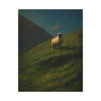 Majestic Mountain 80 - Sheep on the High Slope Canvas Art by J. Oskar captures a tranquil sheep on a sunlit hillside, surrounded by dark mountain slopes and blue sky, evoking the serenity of a romantic landscape painting.
