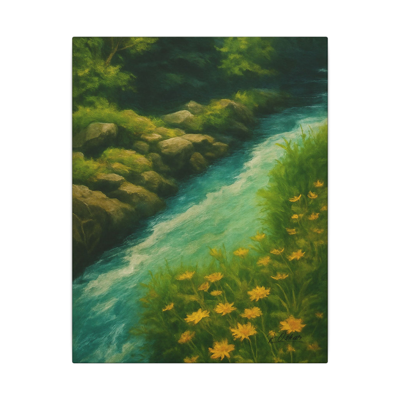 Majestic Mountain 49 - Riverbank with Golden Blooms Canvas Art