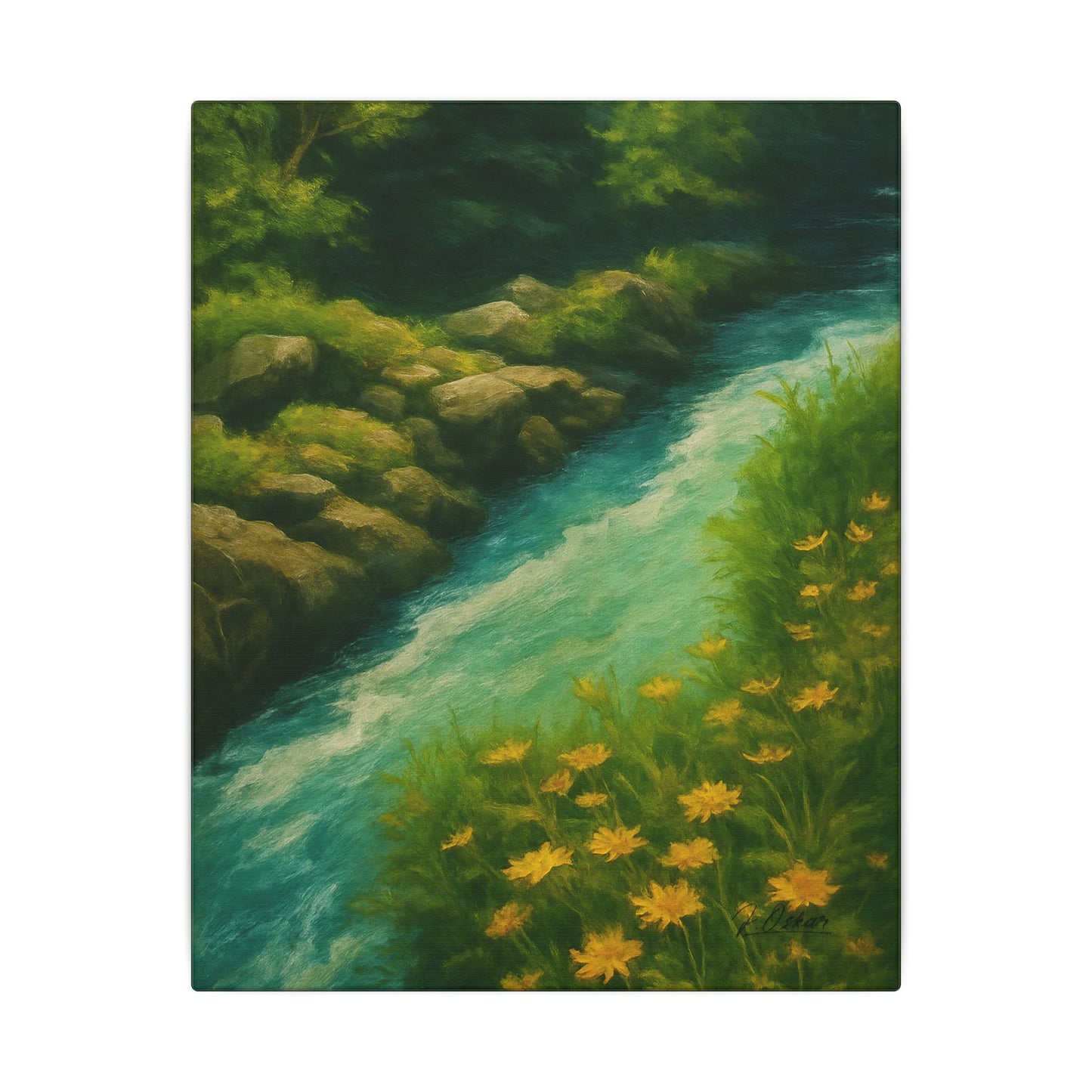 Majestic Mountain 49 - Riverbank with Golden Blooms Canvas Art