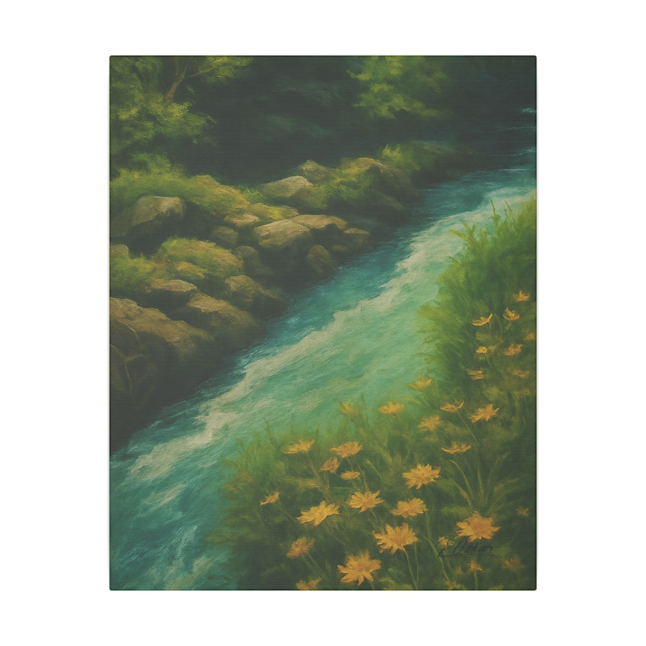 Majestic Mountain 49 - Riverbank with Golden Blooms Canvas Art