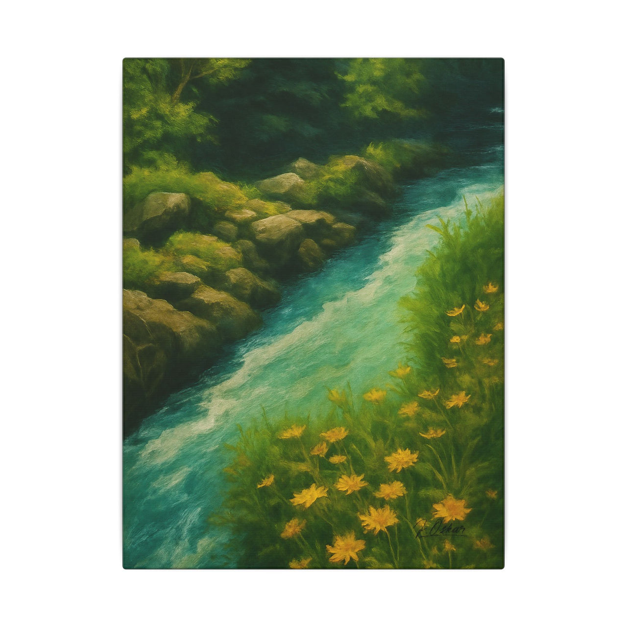 Majestic Mountain 49 - Riverbank with Golden Blooms Canvas Art